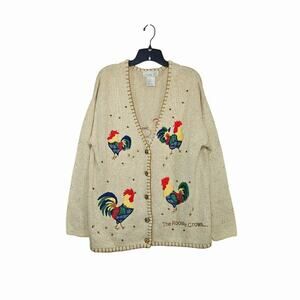 Vintage 90s Mandal Bay Tan Linen Embroidered Cardigan Sweater Rooster Hen Sz XL